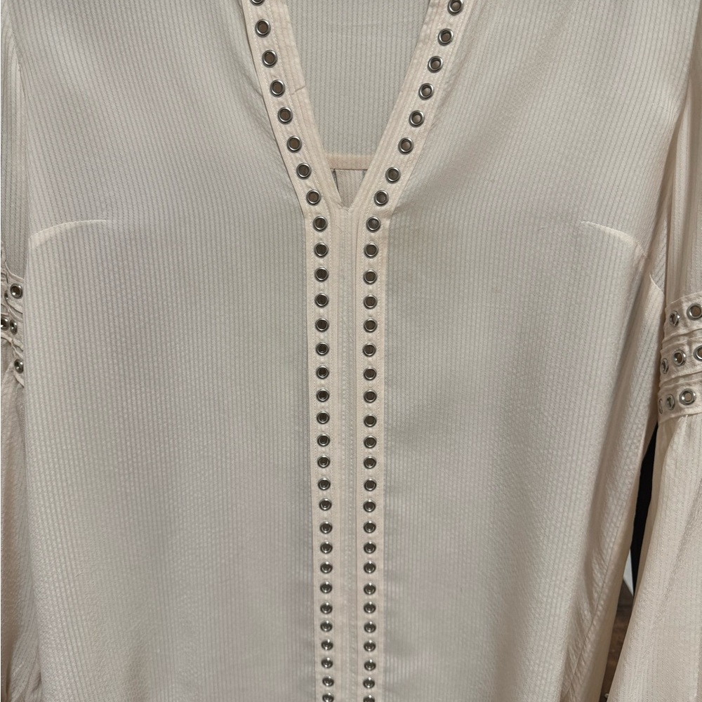 Veronica Beard Silk Blouse Cream Studded Trim Long Sleeve Boho Top - Picture 4 of 11